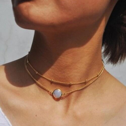 Fashion Simple Gem Pendant Round Bead Necklace Double Clavicle Chain New Necklace Ladies Pendant Jewelry Gift