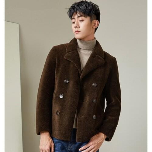 Real Wool Fur Coat Men Autumn Winter Sheep Shearing Short Brown Leather Jacket Manteau Homme MG-1800061 KJ1323