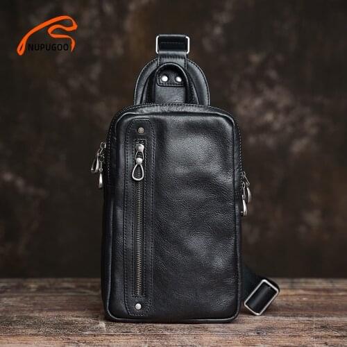 NUPUGOO Genuine Leather Chest Bag Men Crossbody Man Fashion Shoulder High Quality Leather Multifunction Zipper For 9.7 Inch Ipad