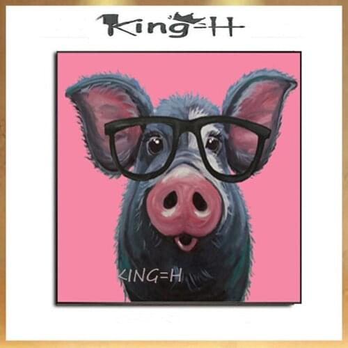 Handmade wall cute pig oil painting of lovely pig cartoon hand painted animal oil painting for living room kids room decoration