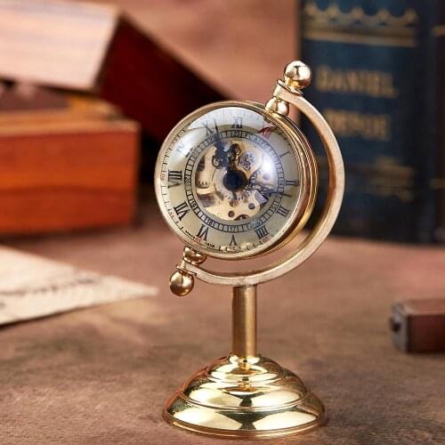 New Arrival Spinning Globe Gold Desk Clock Men Creative Gift For Pocket Watch Copper Table Clock Mechanical Pocket Watch Male