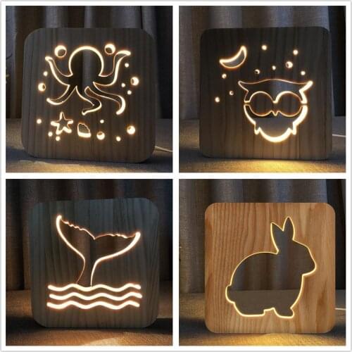 Octopus Owl Whale Tail Rabbit 3D Wooden Lamp Warm White Night Lights Home Bedroom Decor Table Lamp Gift for Kids Friends