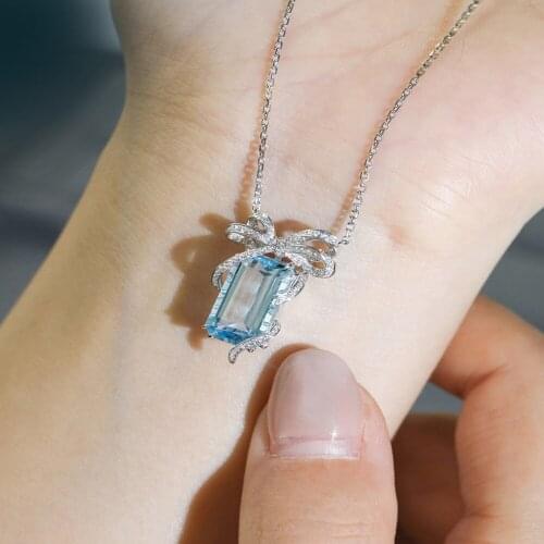 Boho Female Aqua Blue Pendant Necklace Charm Silver Color Chain Necklace Cute Square Bowknot Zircon Wedding Necklaces For Women
