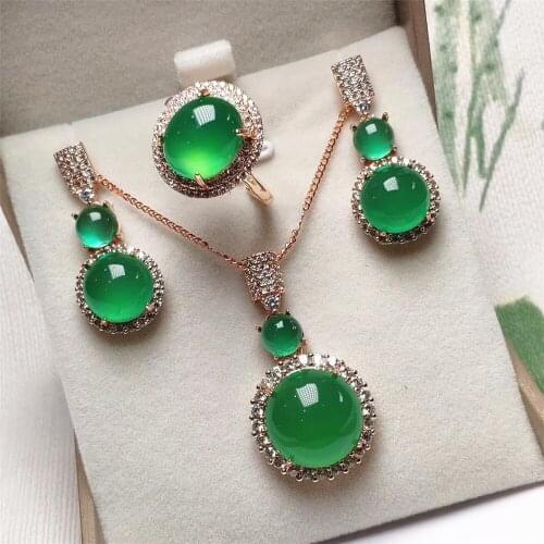Rose Gold 925 Sterling Silver Jewelry Natural Chalcedony Jade Necklace/Earrings/Ring Women Jewelry