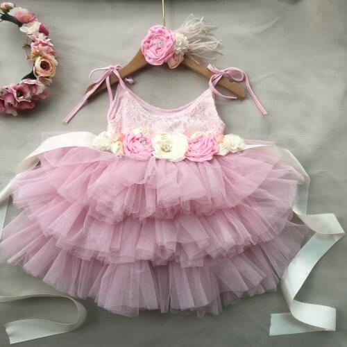 New Born baby girls tutu flowers dress for wedding outfit set with headband kids princess costume birthday party gown