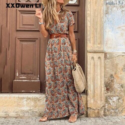 Summer Fashion Print Boho maxi Dress for Women Casual V Neck Short Sleeve Retro Belt Beach Long Dresses Sundress Robe Femme