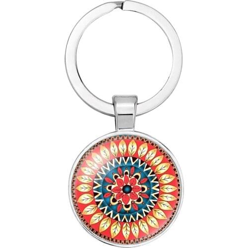 Silver Color Charm Indian Mandala OM Symbol Buddhism Zen Key Chain Glass Cabochon Keyring Car Key Holder Jewelry Gift