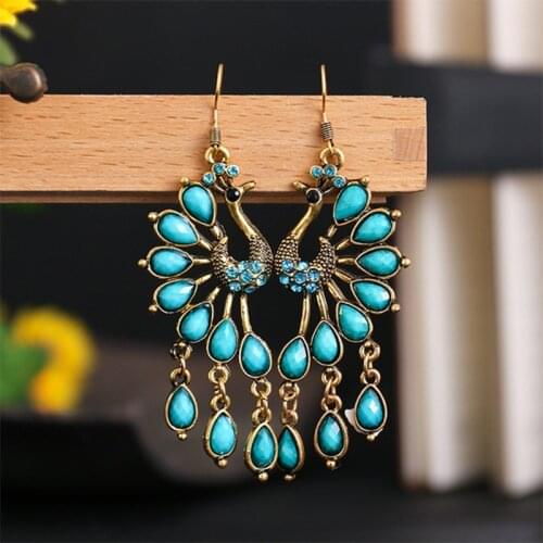 Vintage Boho Crystal Peacock Dangle Earrings Exquisite Ethnic Tribal Hollow Long Drop Earrings for Women Wedding Party Jewelry
