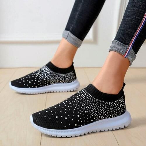 Flat sole shoes 2021 new womens shoes rhinestone flying woven upper casual sports shoes shallow mouth light and breathable