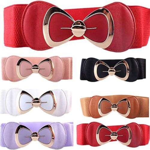 Women Bowknot Buckle Metallic Faux Leather Waistband Elastic Croset Waist Belt Leisure Leather Belt Trouser Accessories