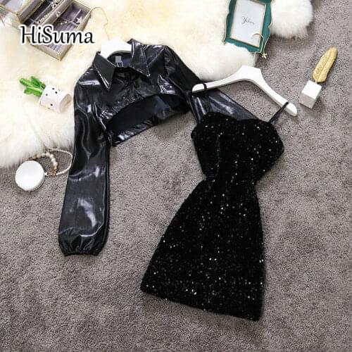 2021 spring new women Stand collar puff sleeve short leather jacket + strap sequin suspender dress suit female two piece set
