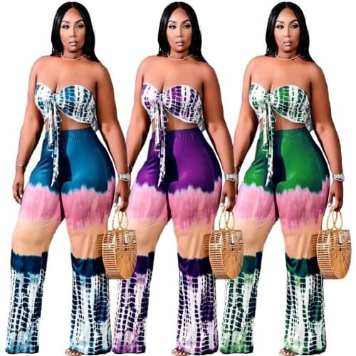 Plus Size Womens Sexy Pleated Off The Shoulder Crop Tops Wide Leg Pants Suit 2 Piece Set Tie Dye Printed Two Piece Suits