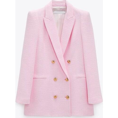 2021 Spring Autumn Women Fashion Vintage Pink Tweed Blazer Coat Chic Pockets Suit Jacket Female Office Outerwear