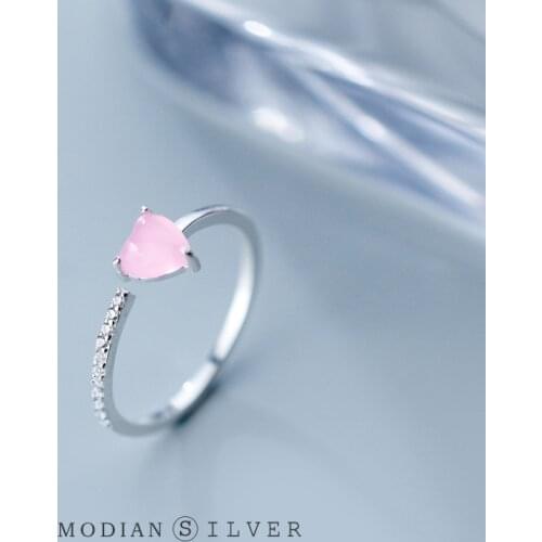 Modian Shiny Zircon Romantic Pink Crystal Heart for Women Open Adjustable Sterling Silver 925 Ring Fine Jewelry Valentines Gift