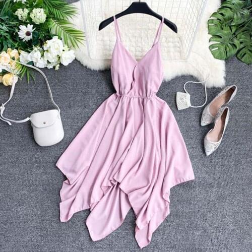 NiceMix Boho Style V Neck Sexy Asymmetrical Ladies Summer Midi Dress Women Party Spaghetti Strap Casual Beach Holiday Irregular