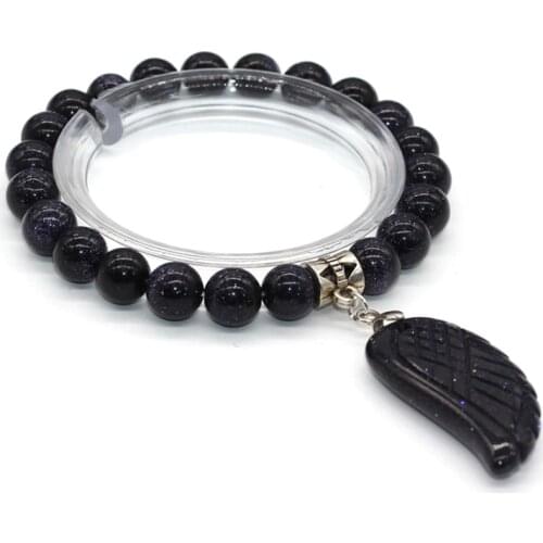 Trendy-beads Silver Plated Angel Wing Connect 8 mm Round Beads Bracelet Blue Sand Stone Jewelry for Christmas Gift