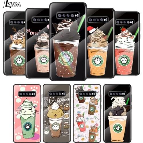 Cute Cat With Coffee For Samsung Galaxy S21 Ultra Plus 5G M51 M31 M21 Tempered Glass Cover Shell Luxury Phone Case
