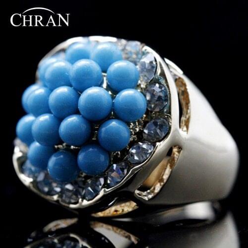 Chran Valentines Gift Unique Gold Color Simi Beads Rings Fashion Clear Crystal Promised Rings for Women