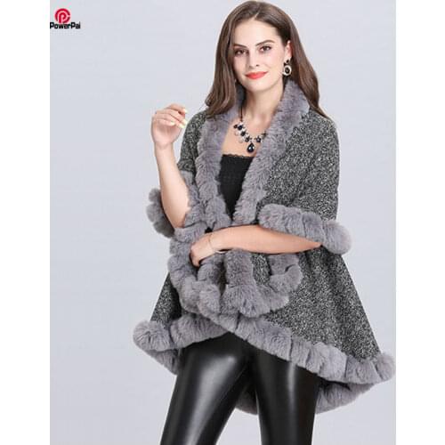 Double Layer Wave Full Trim Faux Rex Rabbit Fur Cape Coat Vintage Knit Cashmere Cardigan Shawl Women Thicken Lining Winter Wrap