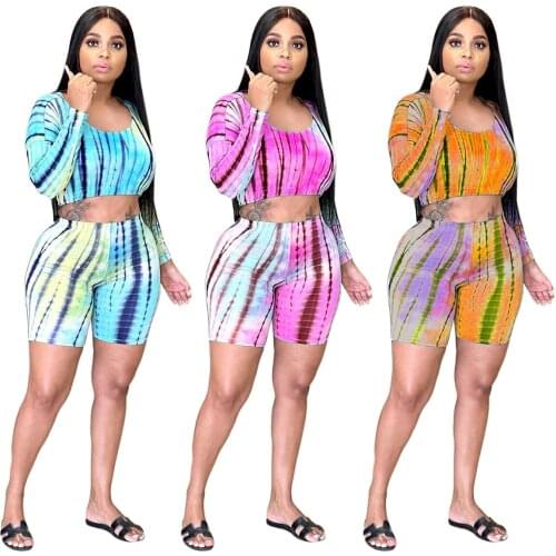 Echoine Woman Tie-dyed 2 Piece Set Woman Square Collar Long Sleeve Short T-Shirt And Skinny Short Pants Fitness Sporty Outfits
