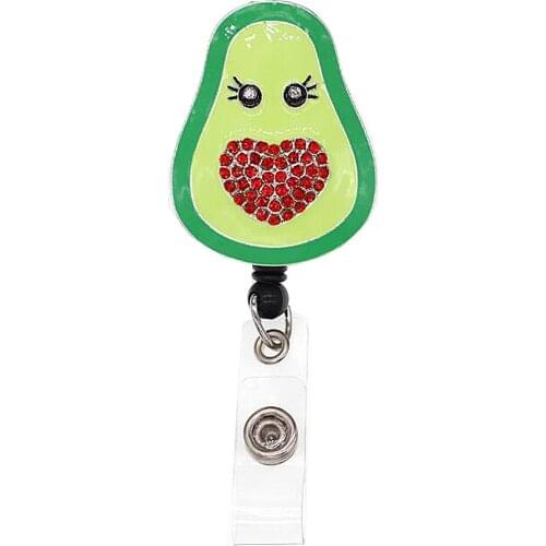 Enamel Green Tone Rhinestone Red Heart Fruit Avocado Shape 360° ID Badge Holder