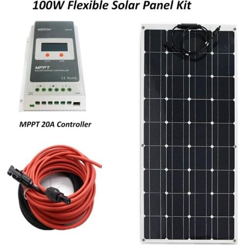 Flexible 12V 100w Solar Panel Diy Kit for battery 100W Monocrystalline silicon Panel+20A MPPT solar controller+ cable RV/Marine
