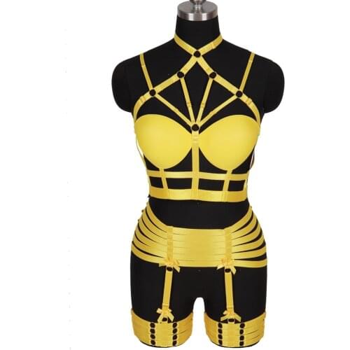 Goth Hollow Out Full Body Harness Women Bondage Stocking Garter Belt Festival Rave Wear Adjustable Body Cage Sexy Lingerie Bra