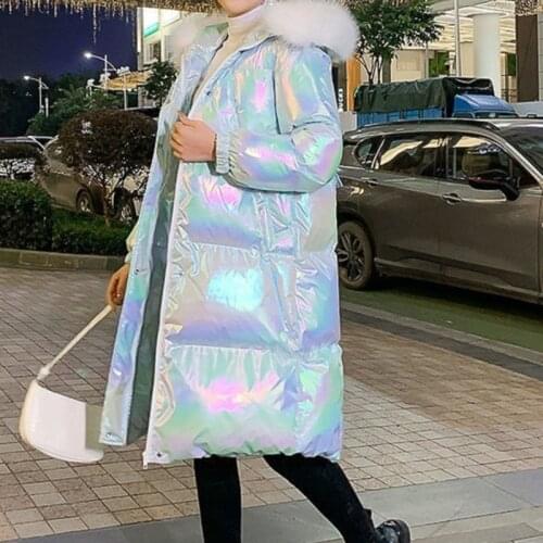 Winter Jacket Women Bright Face Colorful Cotton Padded Coat Fashion New Korean Loose Large Artifical Wool Collar Hooded Parker