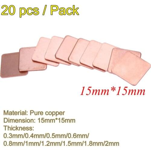 20pcs/lot 15x15mm DIY Copper Heatsink Thermal Pad Heat Sink Sheet 0.3mm to 2.0mm Thickness For Laptop GPU CPU Chip RAM Cooler