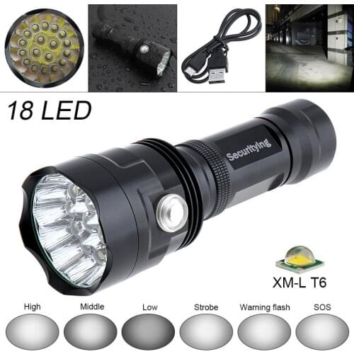 New SecurityIng Super Bright 18x XM-L T6 LED 7500Lumens Waterproof Flashlight Torch with 6 Modes Light Support USB charging