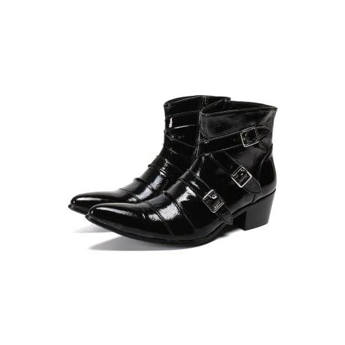 Autumn Winter Men Black Genuine Leather Cowboy Dress Ankle Boots Chunky High Heels Buckle Mens Military Boots Safety Army Shoe