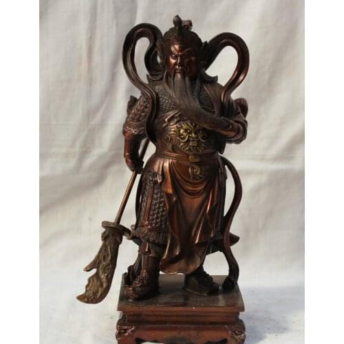 Song voge gem S1650 10" Chinese Fengshui Bronze Dragon Guan Gong Guan Yu Warrior God & Sword Statue