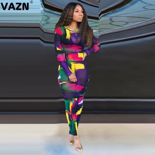 VAZN 2020 Autumn New Arrival Sexy Vintage Regular Office Style Round Neck Full Sleeve Women Thin High Waist Maxi Dress