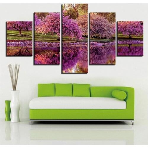 Cuadro de impresión HD marco sala de estar decoración del hogar 5 piezas flor árbol primavera paisaje pintura Modular cartel mod