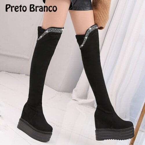 PRETO BRANCO Winter 13cm Hate High Thick-soled Stretch Fleece Inner Increase Womens Boots Rhinestone Over The Knee Boots ZYW