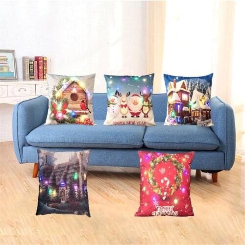 Happy New Year Gift LED Christmas Tree Pillow Cases Cushion Covers 45X45cm Flower and Birds Decor Sleigh Ride Seat Covers