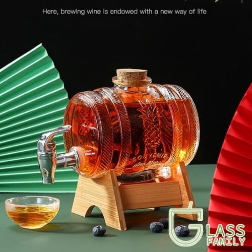 GF Glass Beverage Dispenser with Wooden Stand and Leak Free Spigot Wine Decanter Glassware Water Pitcher for Juice Hip Flasks