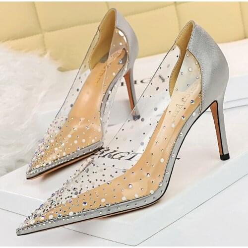 BIGTREE Shoes Sparkle Rhinestones Kitten Heels Women Pumps PVC Transparent High Heels Pointed Toe Women Heels New Banquet Shoes