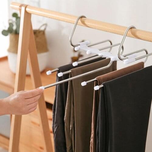 Multifunction Pants Hanger 5 Tier Portable Stainless Steel Trousers Racks Clothing Storage Organization Space Saving