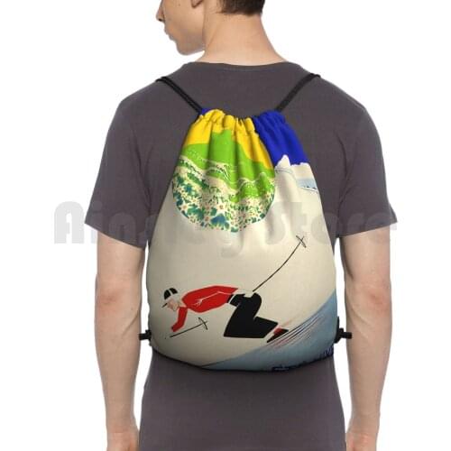 Art Deco Era Vintage Swiss Alps Sport Ad Backpack Drawstring Bag Riding Climbing Gym Bag Art Skiing French Swiss Swiss Alps