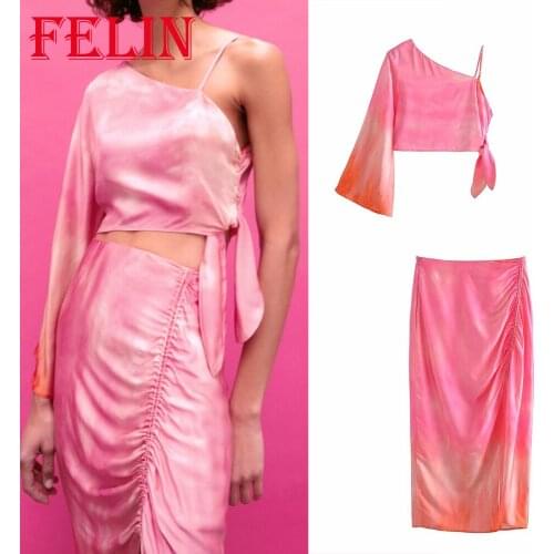 Za 2021 Stylish High Street Women Sets Stain Chic Tie Dye Off Shoulder Short Blouses and High Waist Zipper Pleated Skirts Sets
