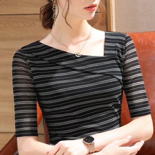 Summer Women Striped T-Shirt Half Sleeve Elegant Temperament Casual Office Ladies Mesh Irregular Neck Slim Fit Tees Pullovers