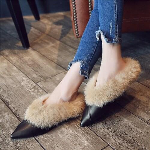 OLOMLB Womens Pointy Toe Real Rabbit Fur Mules Genuine Leather Slippers Slides Warm Winter Low Heel Shoes New 2020 Black Luxury