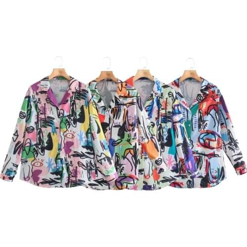 Klkxmyt Za Shirts Women Vintage Graffiti Print Breasted Shirt Femme Streetwear Casual Loose Blouse Chic Summer Pocket Tops