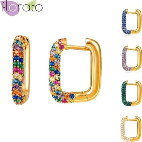 1pc 925 Sterling Silver Ear Buckle Ladies Zircon Inlaid Crystal Diamond Square Hoop Earrings Pierced Colorful Fine Jewelry