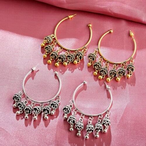 Antique Silver Color Gypsy Indian Tribal Ethnic Hoop Bells Statement Earrings Boho Fashion Earrings For Women Statement