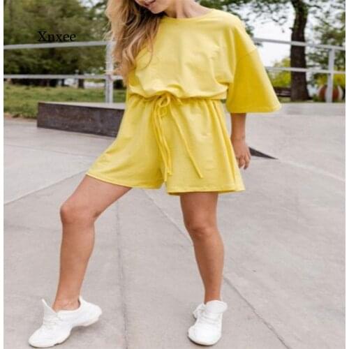Women Sweatsuits Sets biker Womens Two-Piece Suit Solid Home Loose Casual Suit Shorts Set Autumn Summer yellow blue sport gym