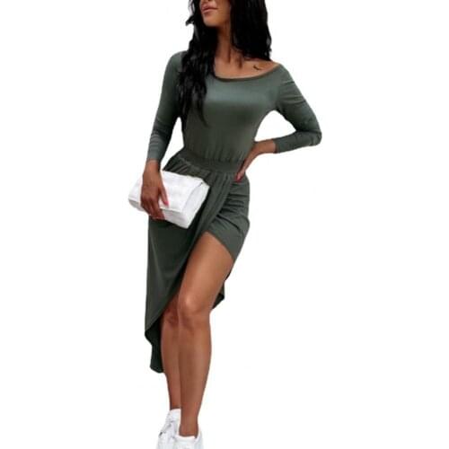 Women Dress Casual Solid Color Irregular Hem Autumn Round Neck Waist Tied Slim Dress for Wedding Elegant dresses for women 2021