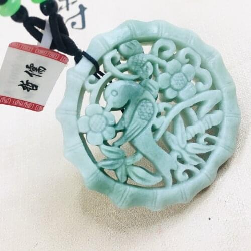 Zheru natural Hetian green jade carved hollow good luck plum pendant with wooden beads necklace men and women sweater chain