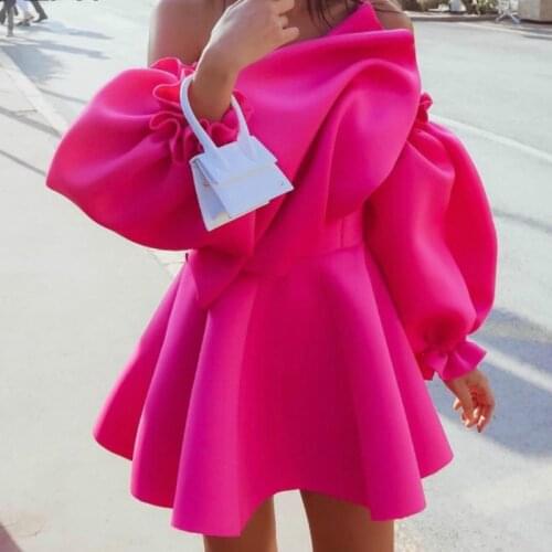 2021 Spring Sexy Long Puff Sleeve High Waist Ruffles Fuchsia Short Mini Dress Women X100